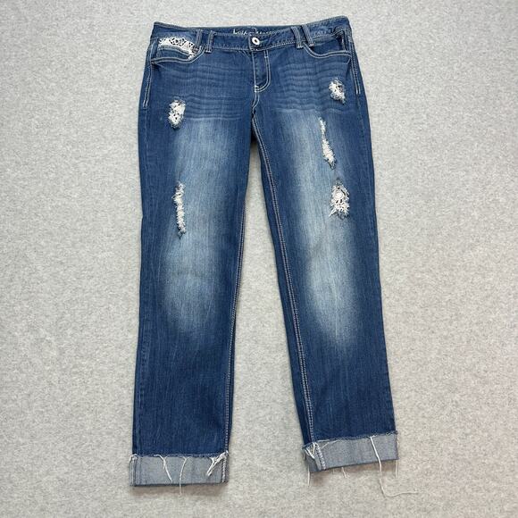 Ariya Jeans Cuffed Pants Women's 15/16 Blue Distressed Denim Lace Detail Raw Hem - Picture 1 of 11